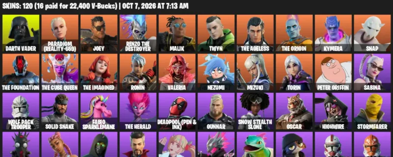 Fortnite account inventory for Darth Vader - Paradigm (Reality-659) - 120 Outfits