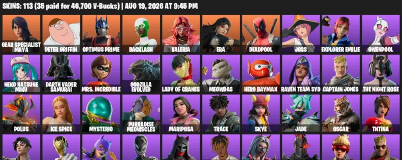 Fortnite account inventory for LVL 2638 - Gear Specialist Maya - Peter Griffin - 113 Outfits