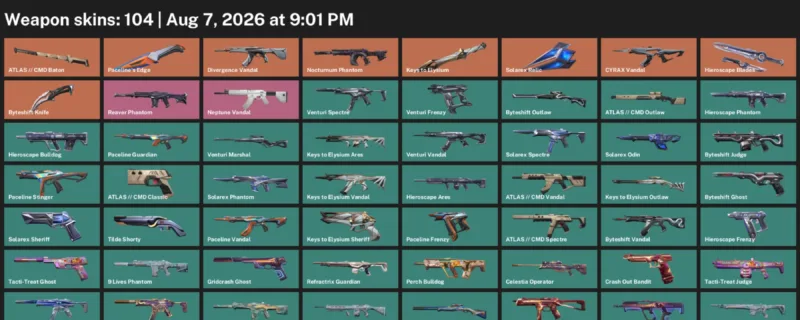 Valorant account inventory for LVL 259 · Byteshift Knife & 9 Lives Phantom