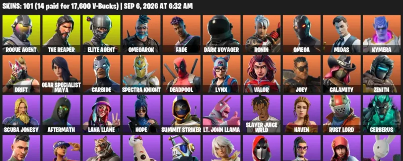 Fortnite account inventory for LVL 1520 - Rogue Agent - The Reaper - 101 Outfits