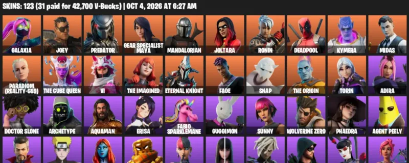 Fortnite account inventory for Galaxia - Joey - 120 Outfits