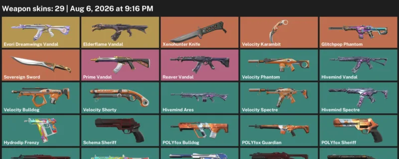 Valorant account inventory for LVL 65 · Sovereign Sword & Velocity Karambit & Xenohunter Knife