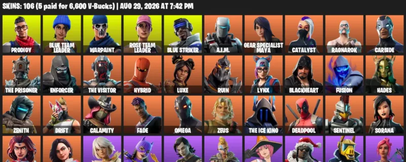 Fortnite account inventory for LVL 1627 - Prodigy - Blue Team Leader - 106 Outfits