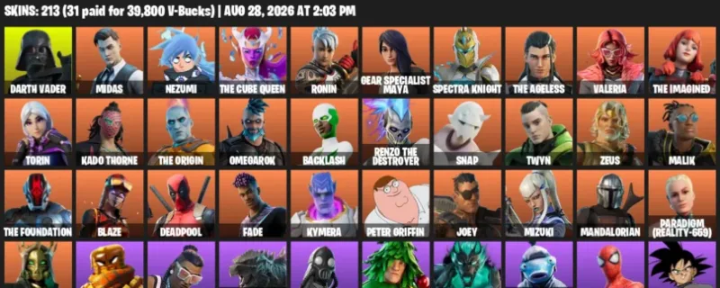 Fortnite account inventory for LVL 3310 - Darth Vader - Midas - 213 Outfits