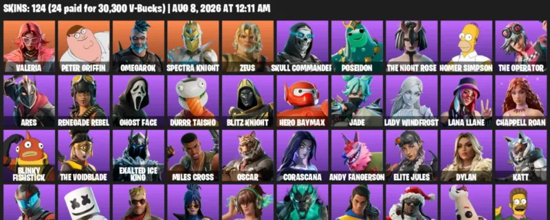 Fortnite account inventory for LVL 1463 - Valeria - Peter Griffin - 124 Outfits