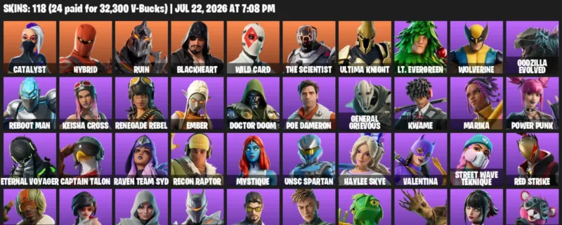 Fortnite Accounts listing: LVL 919 - Catalyst - Hybrid - 118 Outfits - 118 outfits