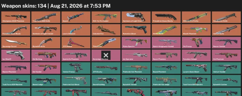 Valorant account inventory for LVL 180 · Forsaken Ritual Blade & Tilde Knife