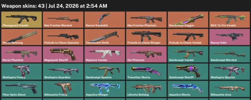 Valorant Accounts listing: LVL 120 · Reaver Karambit & Sandswept Dagger · 43 Skins - Gold 1, 43 skins