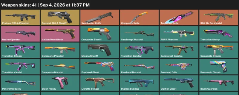 Valorant account inventory for LVL 64 · Xenohunter Knife & Transition Knife