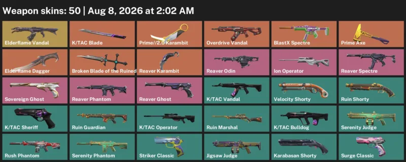 Valorant account inventory for LVL 160 · Reaver Karambit & Elderflame Dagger
