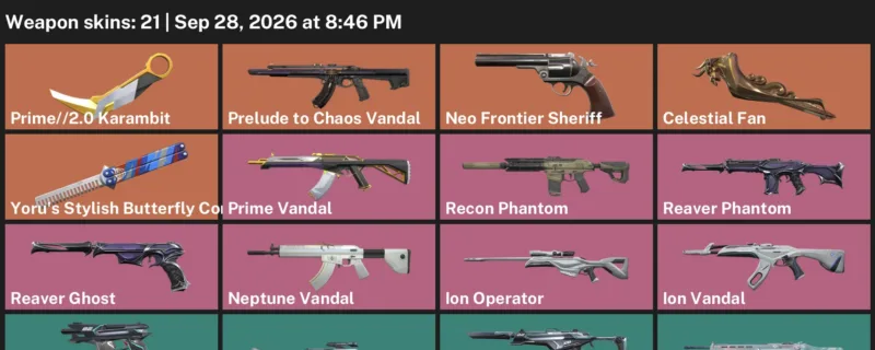 Valorant account inventory for LVL 54 · Celestial Fan & Prime & 2.0 Karambit