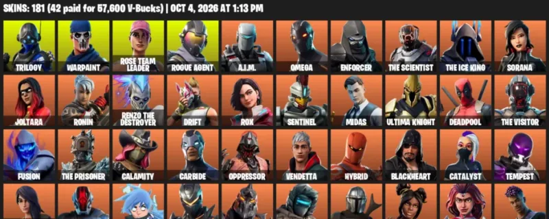 Fortnite account inventory for Trilogy - Warpaint - 120 Outfits