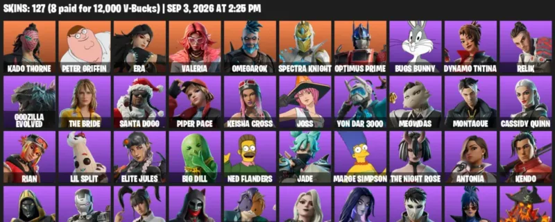 Fortnite account inventory for LVL 2377 - Kado Thorne - Peter Griffin - 127 Outfits