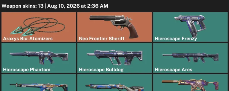 Valorant account inventory for LVL 31 · Araxys Bio-Atomizers & Celestia Operator & Hieroscape Phantom