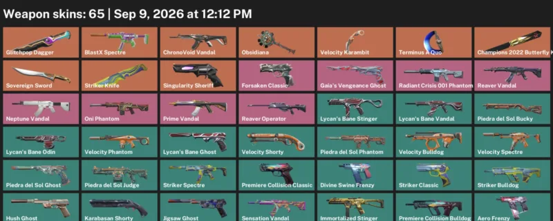 Valorant account inventory for LVL 158 · 65 Skins Champions 2022 Butterfly Knife & Glitchpop Dagger