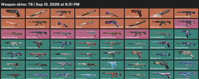 Valorant account inventory for LVL 146 · 78 Skins Champions 2025 Butterfly Knife & XerØFang Knife