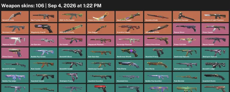 Valorant account inventory for LVL 142 · Byteshift Knife & Overdrive Blade & 2.0 Karambit