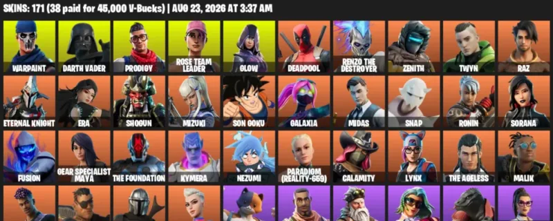 Fortnite account inventory for LVL 2067 - Warpaint - Darth Vader - 171 Outfits