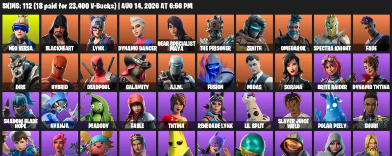 Fortnite account inventory for LVL 1570 - Neo Versa - Blackheart - 112 Outfits