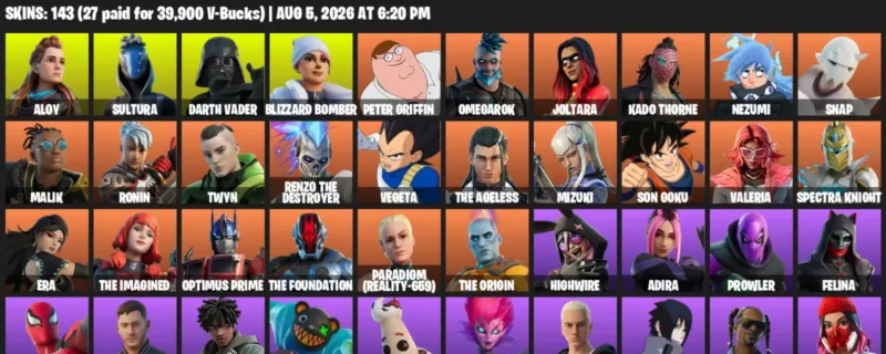 Fortnite account inventory for LVL 1995 - Aloy - Sultura - 143 Outfits