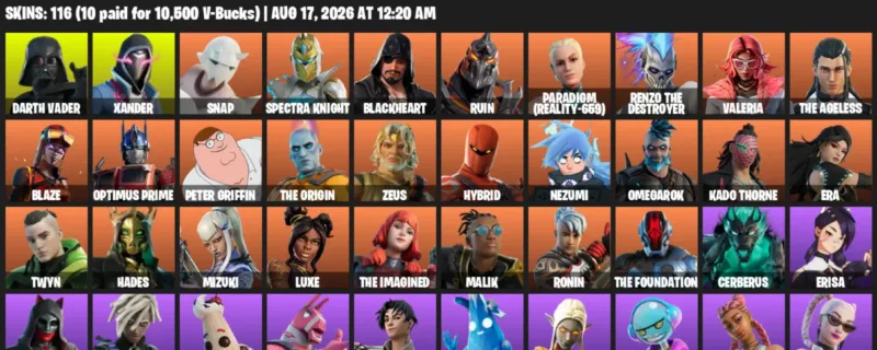 Fortnite account inventory for LVL 3752 - Darth Vader - Xander - 116 Outfits