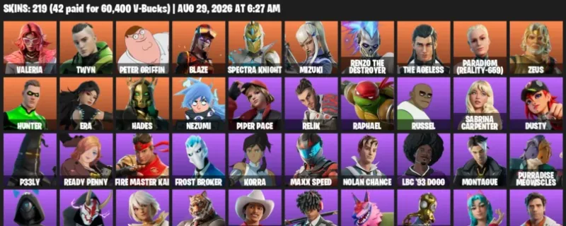 Fortnite account inventory for LVL 3703 - Valeria - Twyn - 219 Outfits