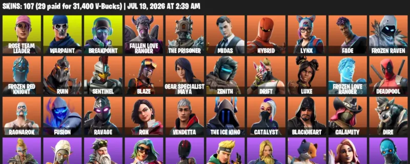 Fortnite Accounts listing: LVL 1070 - Rose Team Leader - Warpaint - 107 Outfits - 107 outfits