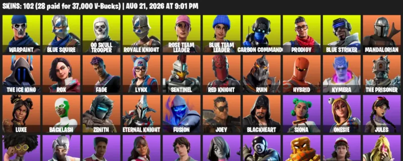 Fortnite account inventory for LVL 1284 - Warpaint - Blue Squire - 102 Outfits