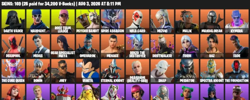 Fortnite account inventory for LVL 2324 - Darth Vader - Warpaint - 169 Outfits