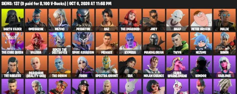 Fortnite account inventory for Darth Vader - Omegarok - 120 Outfits