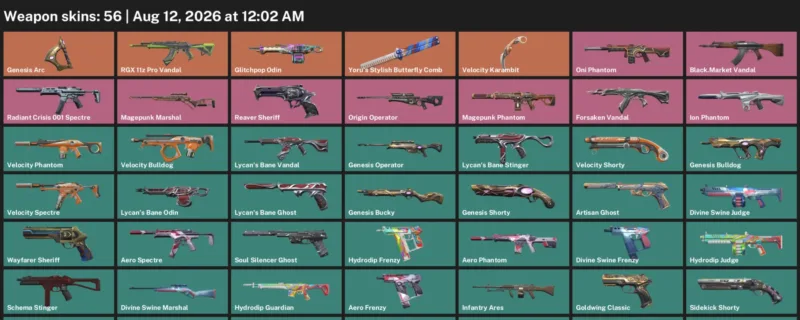 Valorant account inventory for LVL 181 · 56 Skins Velocity Karambit & Aero Phantom