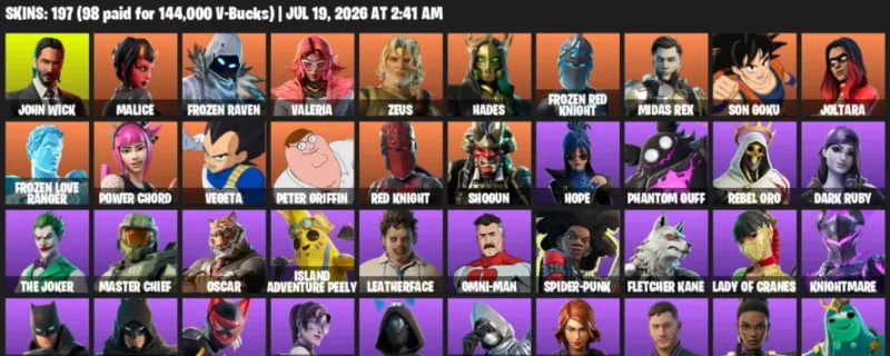 Fortnite Accounts listing: LVL 1064 - John Wick - Malice - 197 Outfits - 197 outfits