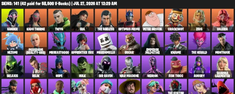 Fortnite Accounts listing: LVL 1644 - Xander - Kado Thorne - 141 Outfits - 141 outfits