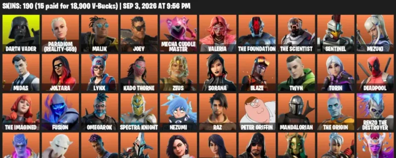 Fortnite account inventory for LVL 3901 - Darth Vader - Paradigm (Reality-659) - 190 Outfits