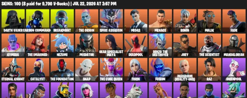 Fortnite Accounts listing: LVL 3206 - Darth Vader - Carbon Commando - 160 Outfits - 160 outfits
