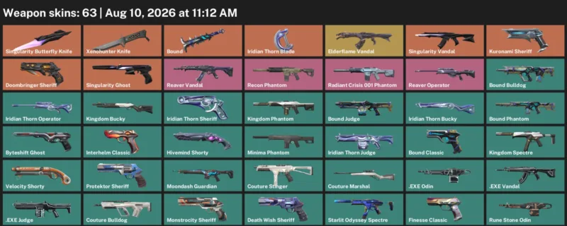 Valorant account inventory for LVL 267 · Xenohunter Knife & Singularity Butterfly Knife