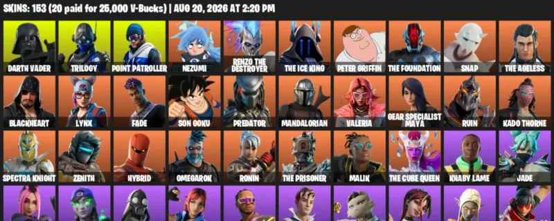 Fortnite account inventory for LVL 1929 - Darth Vader - Trilogy - 153 Outfits