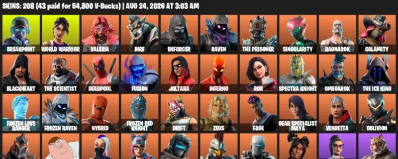 Fortnite account inventory for LVL 1646 - Breakpoint - World Warrior - 208 Outfits