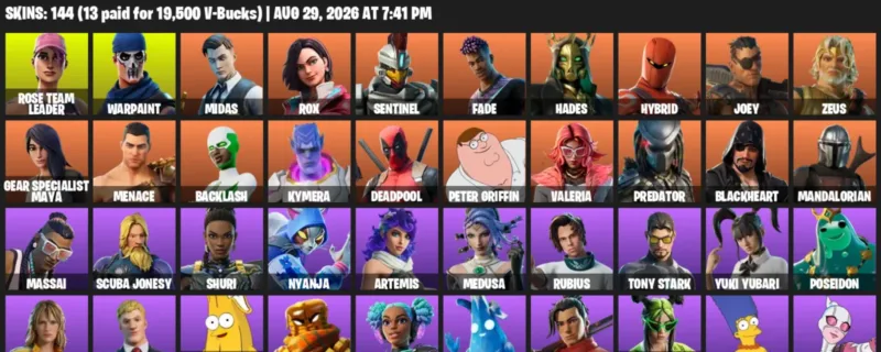 Fortnite account inventory for LVL 2314 - Rose Team Leader - Warpaint - 144 Outfits