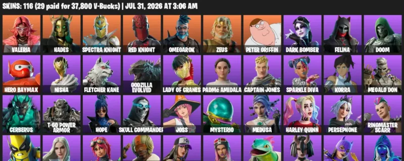 Fortnite Accounts listing: LVL 4191 - Valeria - Hades - 116 Outfits - 116 outfits