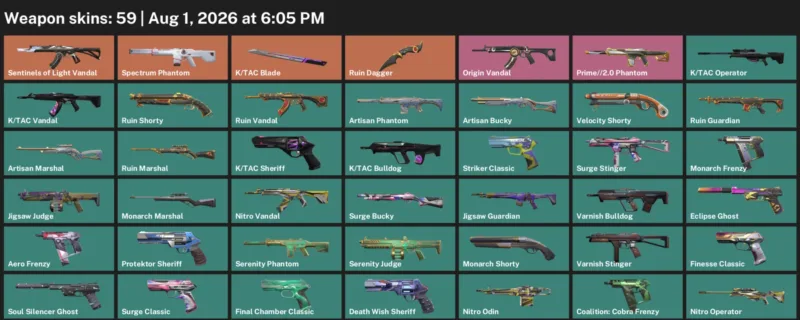 Valorant account inventory for LVL 250 · Tac Blade & Ruin Dagger & Artisan Phantom