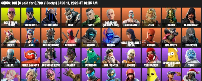 Fortnite account inventory for LVL 1206 - Rose Team Leader - Warpaint - 108 Outfits