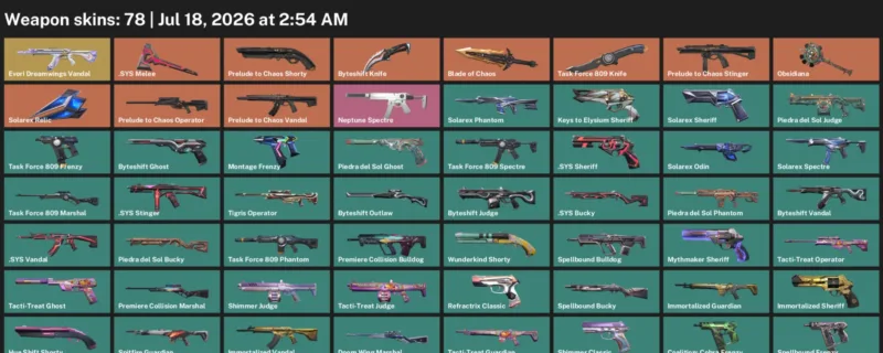 Valorant Accounts listing: LVL 159 · .SYS Melee & Blade of Chaos · 78 Skins - Platinum 1, 78 skins