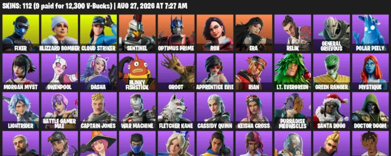 Fortnite account inventory for LVL 3936 - Fixer - Blizzard Bomber - 112 Outfits