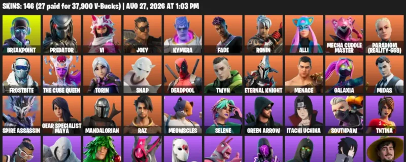 Fortnite account inventory for LVL 2068 - Breakpoint - Predator - 146 Outfits