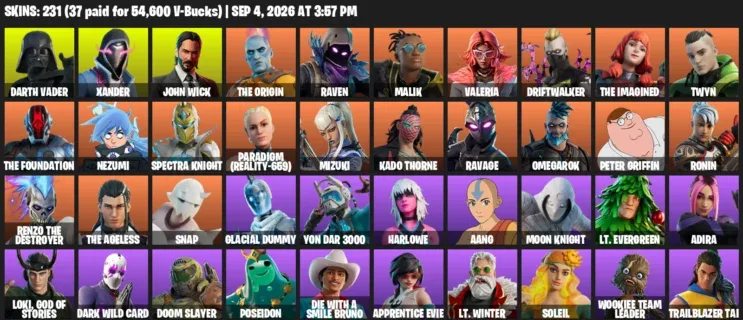 Fortnite account inventory for LVL 1767 - Darth Vader - Xander - 231 Outfits