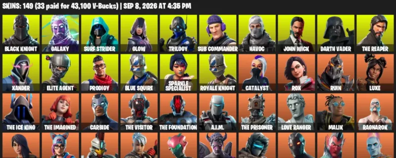 Fortnite account inventory for LVL 1476 - Black Knight - Galaxy - 149 Outfits