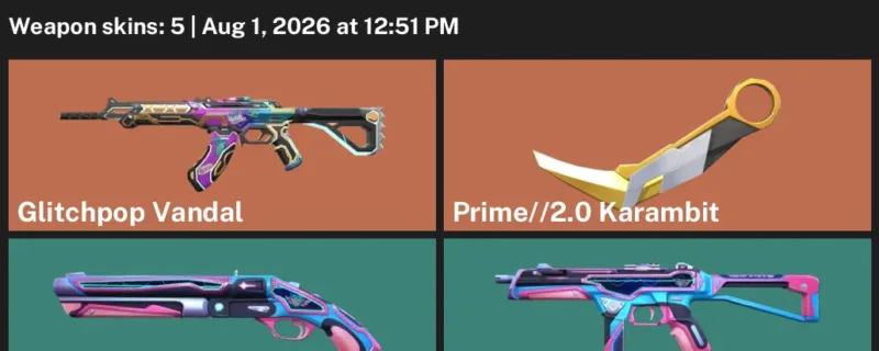 Valorant account inventory for LVL 13 · 2.0 Karambit · 5 Skins Prime & Glitchpop Vandal