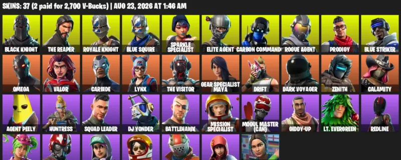 Fortnite account inventory for LVL 533 - Black Knight - The Reaper - 37 Outfits