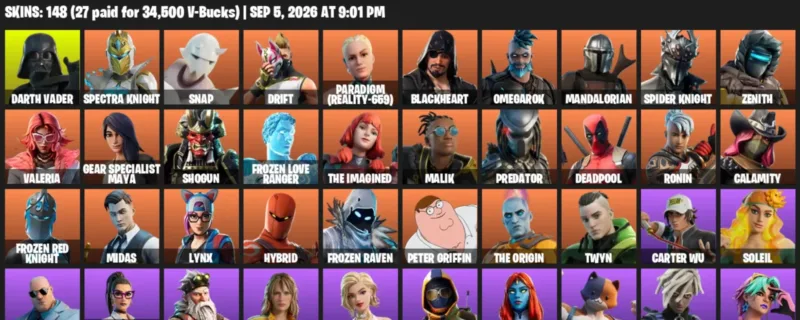 Fortnite account inventory for LVL 1279 - Darth Vader - Spectra Knight - 148 Outfits